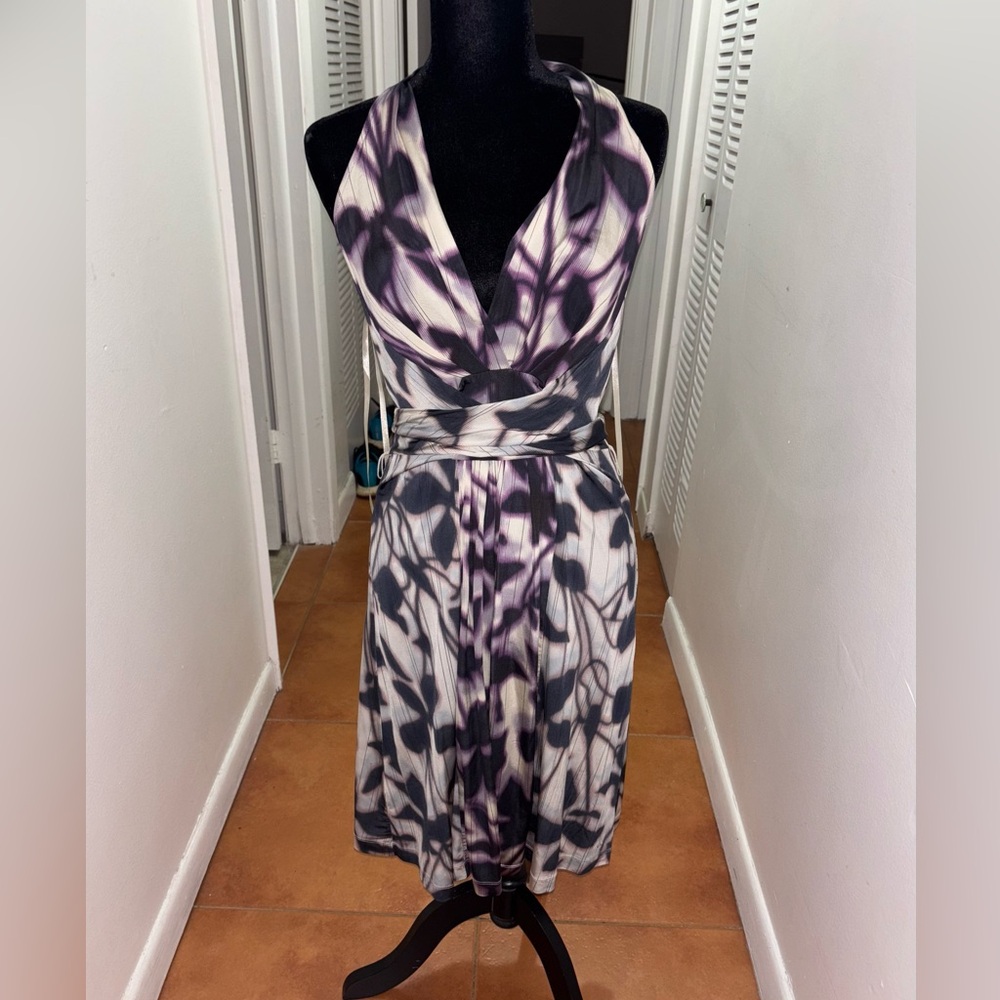 BCBG Max Azria floral black abstract beige & purple halter dress, wrap waist NEW